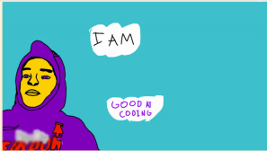 Student animation reveals a hooded character on a turqoise background. The text reads "I am good at coding"